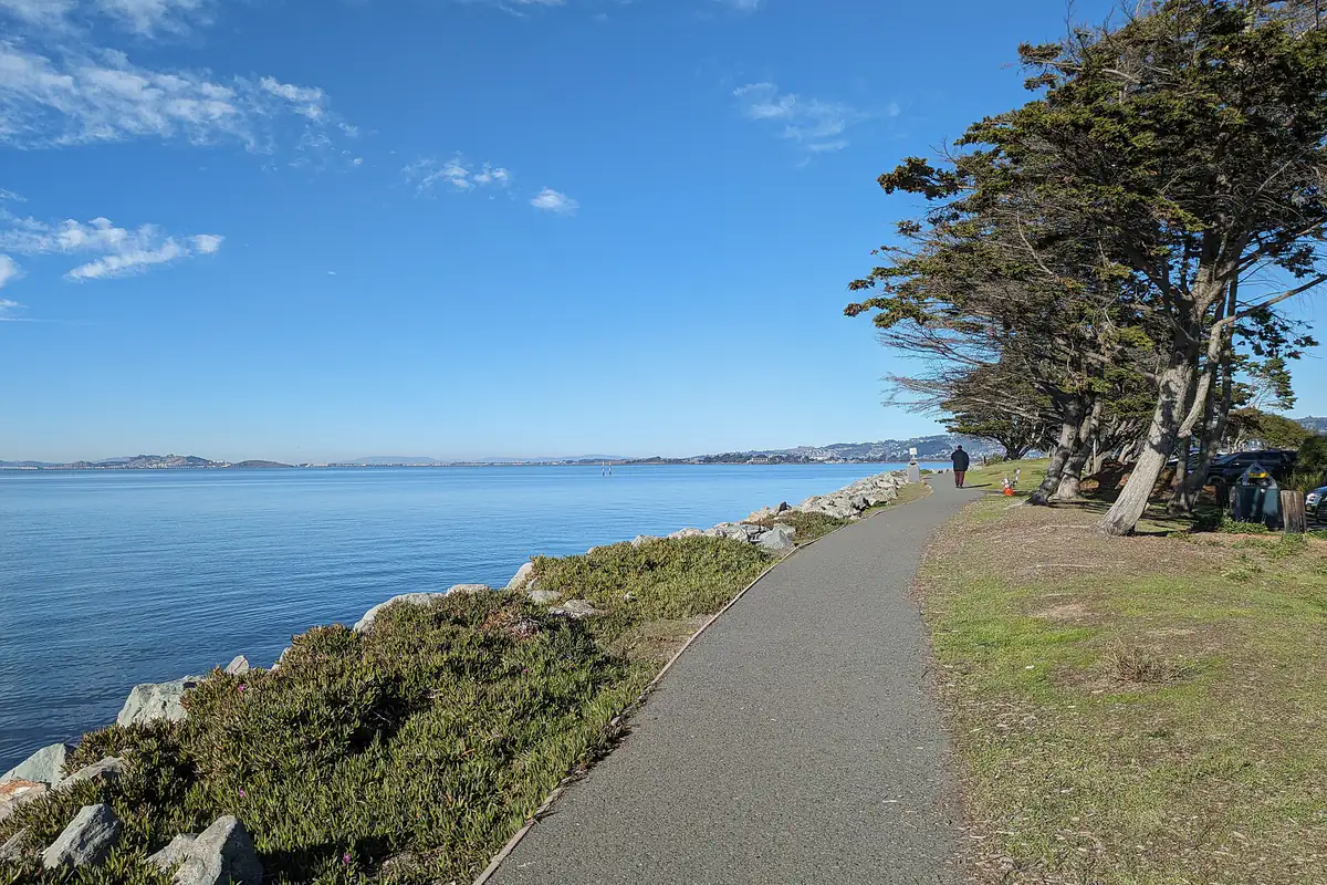 A waterside park and calm bay view in Emeryville