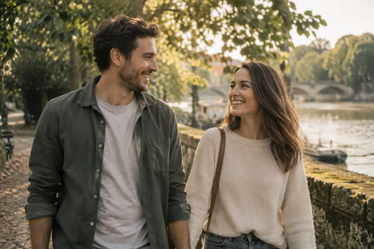 A couple enjoying a relaxed conversation on a riverside walk